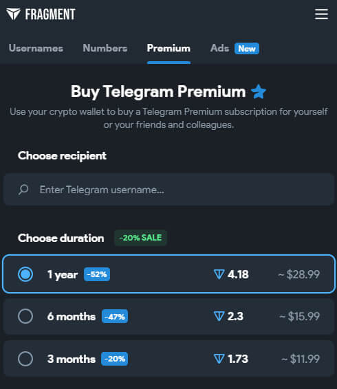 Precios de Telegram Premium desde Fragment.com